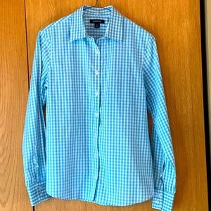 New Lands’ End size 2 aqua blue white button down shirt blouse gingham plaid